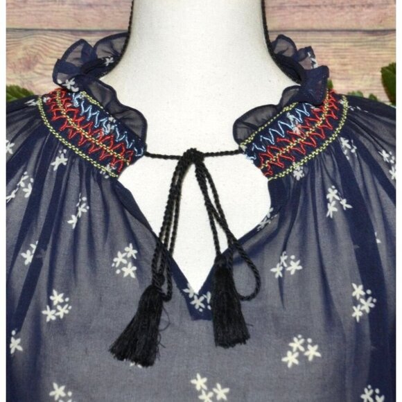 Cabi Sheer Blue Floral Long Sleeve Blouse Top Size S Tie Tassel Neckline Career - Picture 3 of 11
